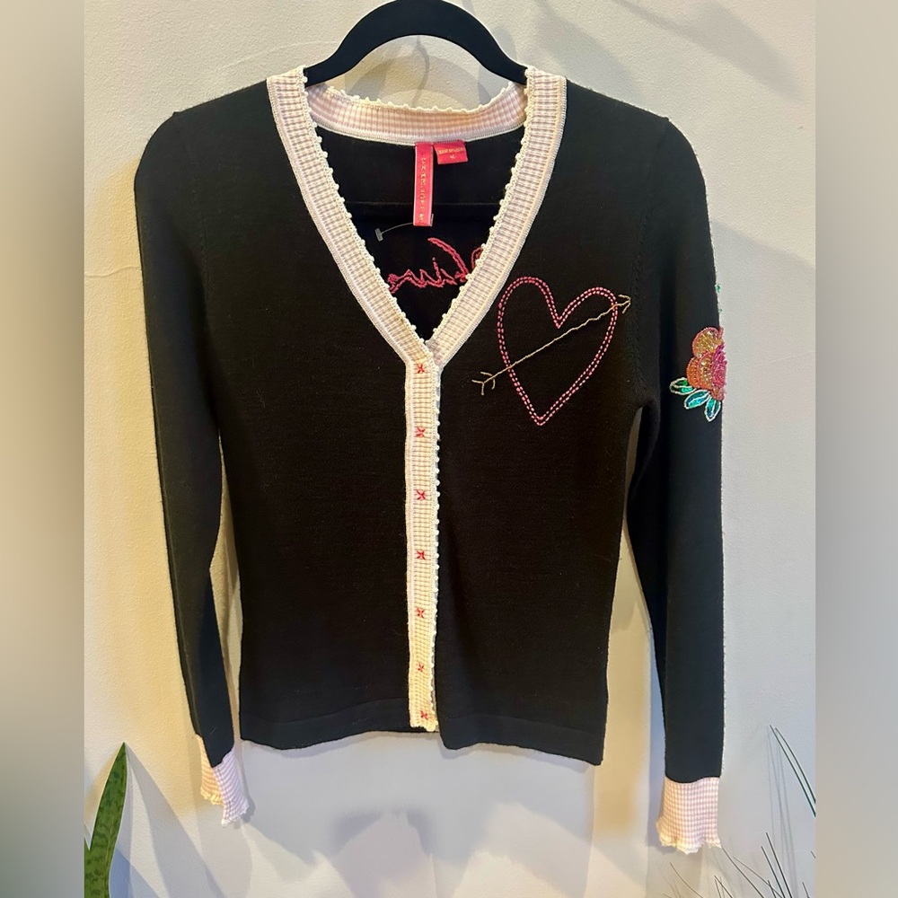 Charlotte Black and Pink Embroidered sequined wool Women's Sweater medium